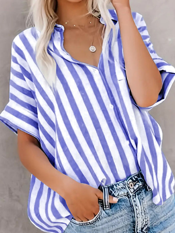 Close-up of blue striped short sleeve shirt