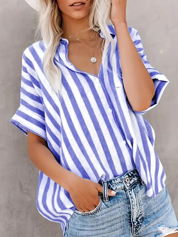 Blue two-tone striped short sleeve shirt, front view