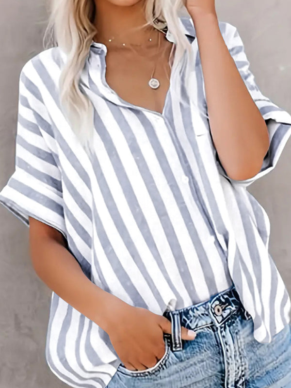 Front view of striped short sleeve shirt with jeans