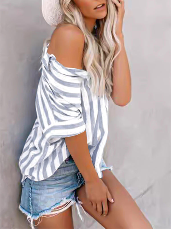 Side view of two-tone striped short sleeve shirt