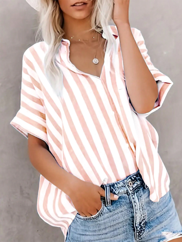 Pink two-tone striped short sleeve shirt, front view