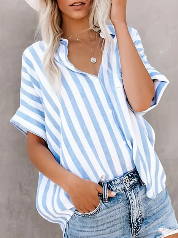 Blue striped short sleeve shirt, front view