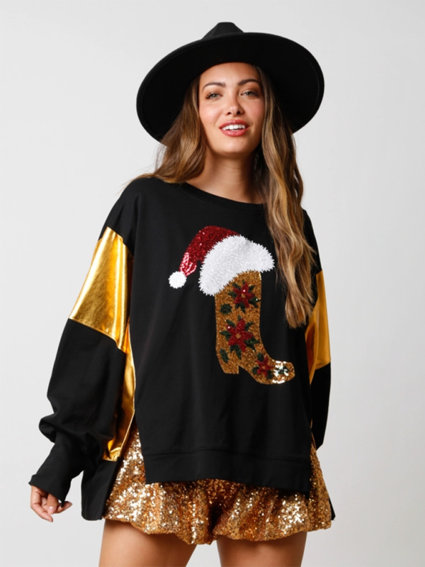 Model in black Christmas sequin sweatshirt and gold skirt