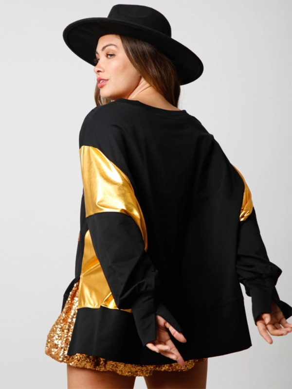 Back view of black sweatshirt with gold sleeves