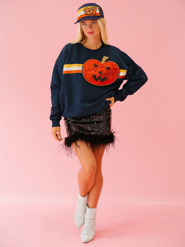 Full view of navy pumpkin sweatshirt outfit