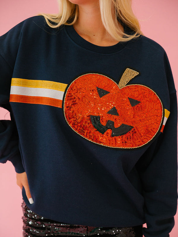 Navy sweatshirt with sequined pumpkin design, Halloween style