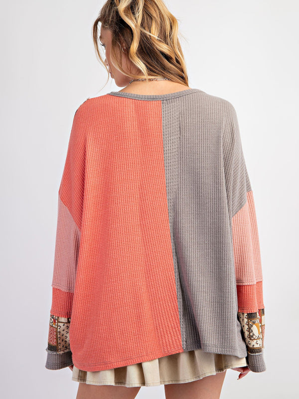 Back view of pink and gray contrast print waffle top.