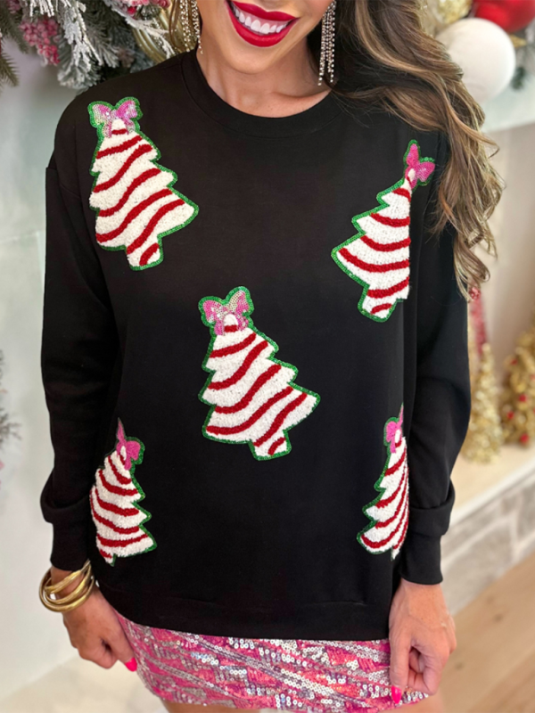Festive sequin Christmas tree sweatshirt, casual style