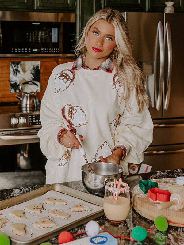 White Santa Claus sequin sweatshirt, baking scene