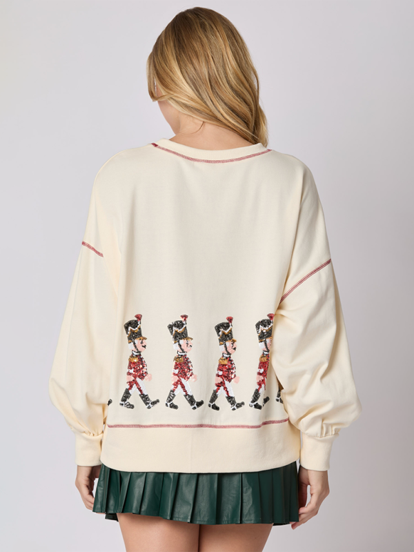 Cream Christmas soldier sequin sweatshirt, long sleeve pullover