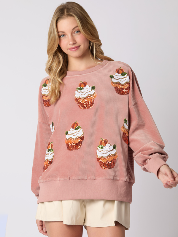 Festive Pumpkin Cake Sequin Sweatshirt with Round Neck