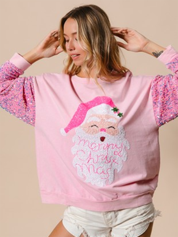 Pink sweater with Santa face and &