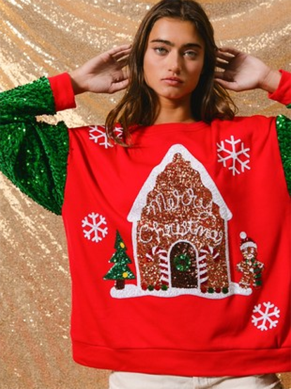 Red sweater with gingerbread house and sequin sleeves