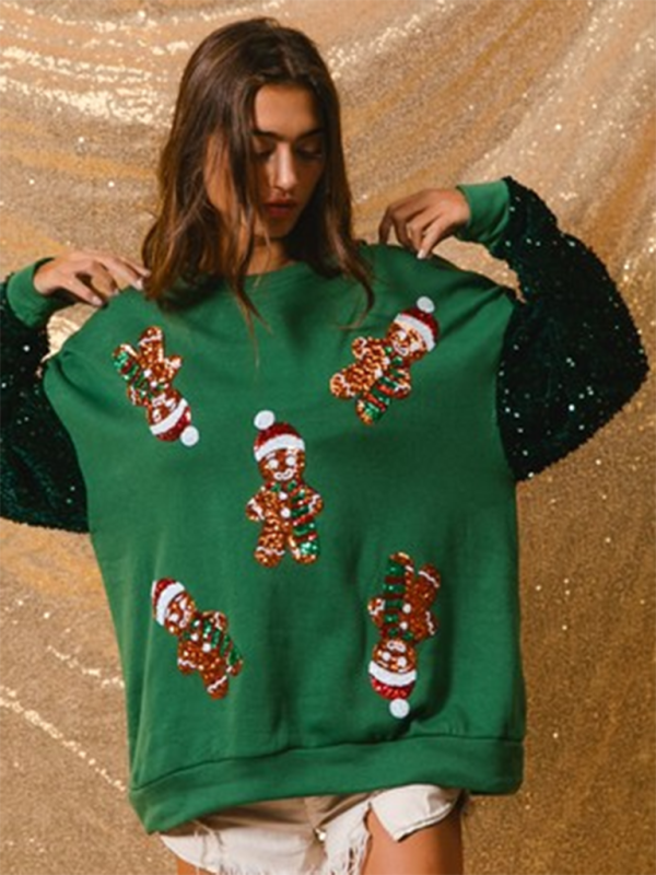 Green sweater with gingerbread men and sequin sleeves