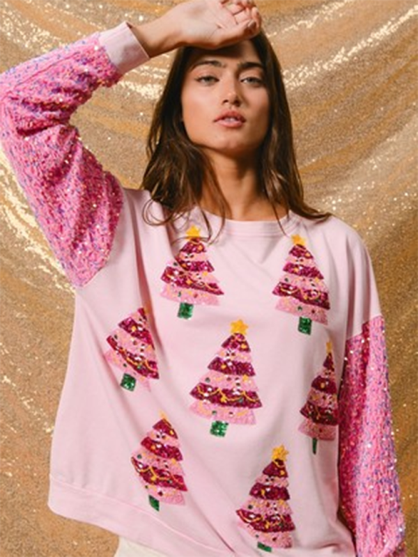 Pink sweater with Christmas tree design and sequin sleeves
