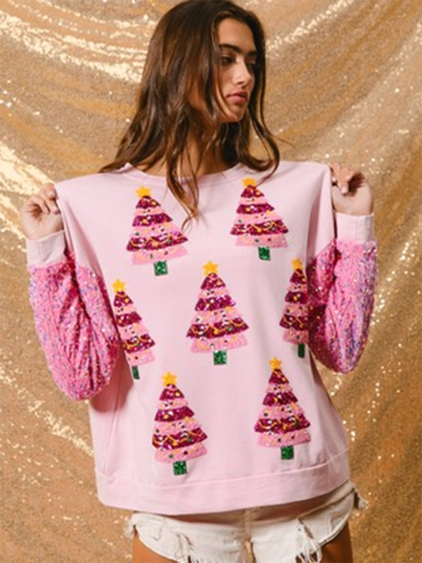 Pink Christmas tree sweater with sequin sleeves