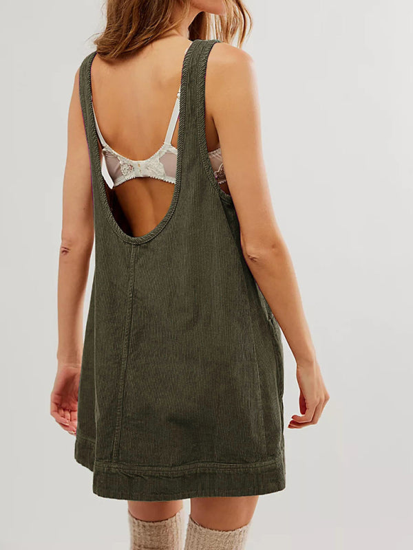 Back view of green corduroy sleeveless vest dress
