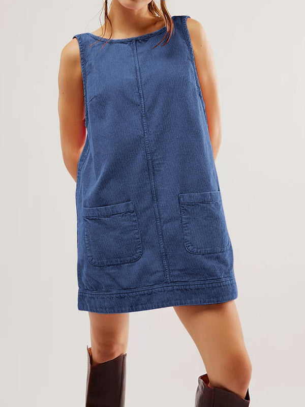 Blue corduroy sleeveless vest vintage dress