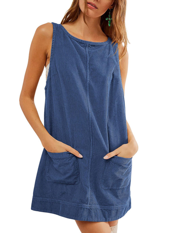 Blue corduroy sleeveless vest dress with pockets