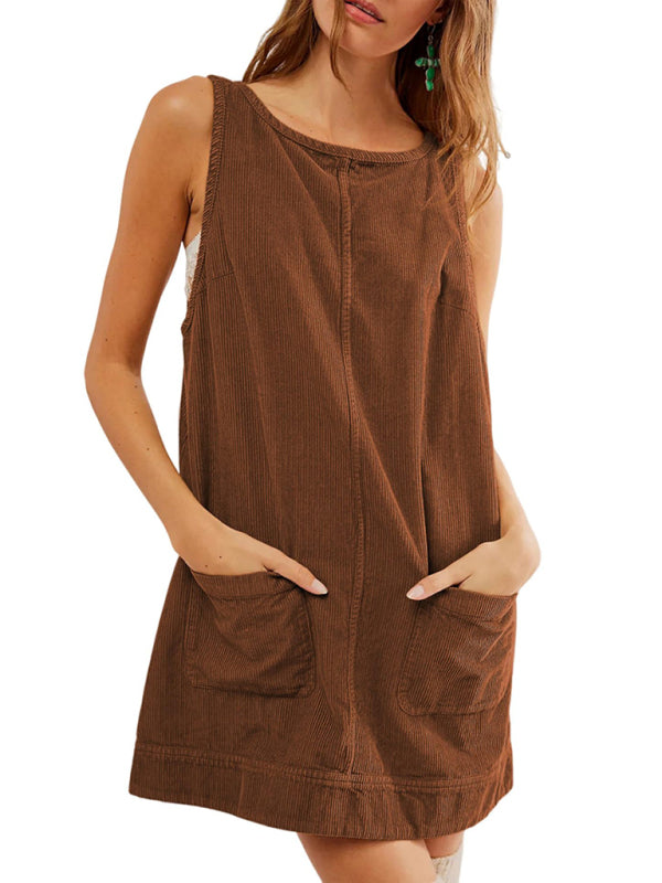 Brown corduroy sleeveless vest dress with pockets