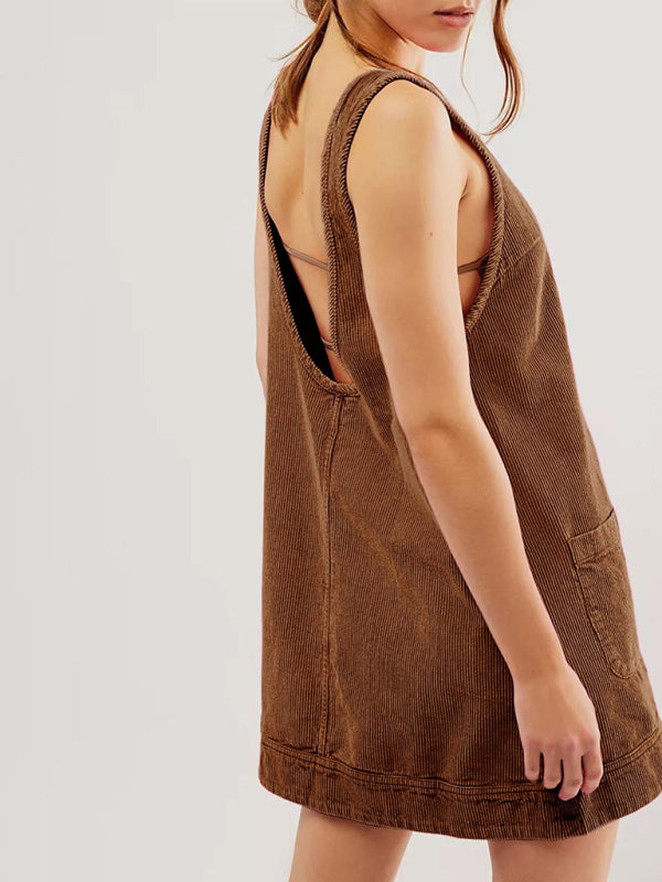Side view of brown corduroy sleeveless vest dress
