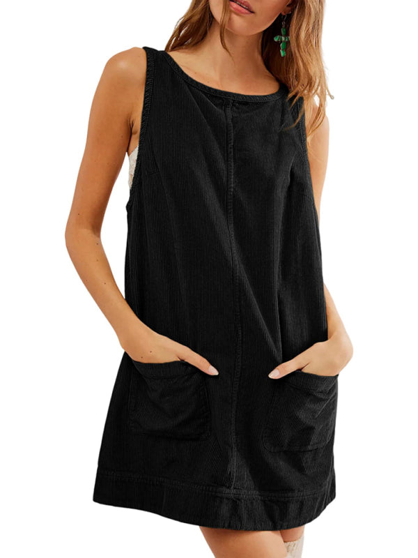 Black corduroy sleeveless vest dress with pockets