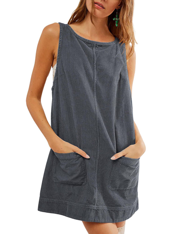 Gray corduroy sleeveless vest dress with pockets