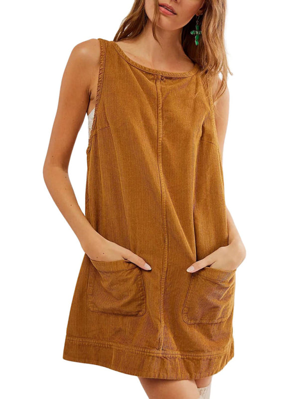 Mustard corduroy sleeveless vest dress with pockets