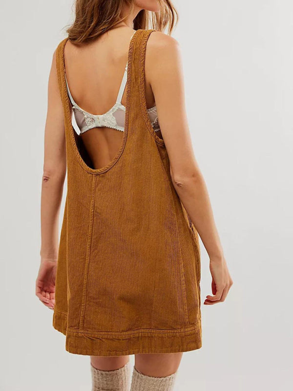 Back view of mustard corduroy sleeveless vest dress