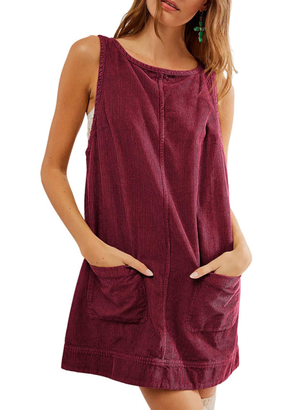 Burgundy corduroy sleeveless vest dress with pockets