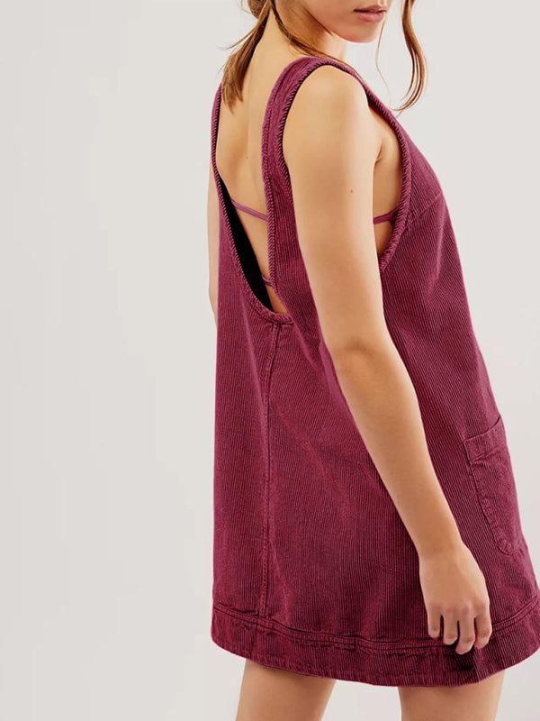 Side view of burgundy corduroy sleeveless vest dress
