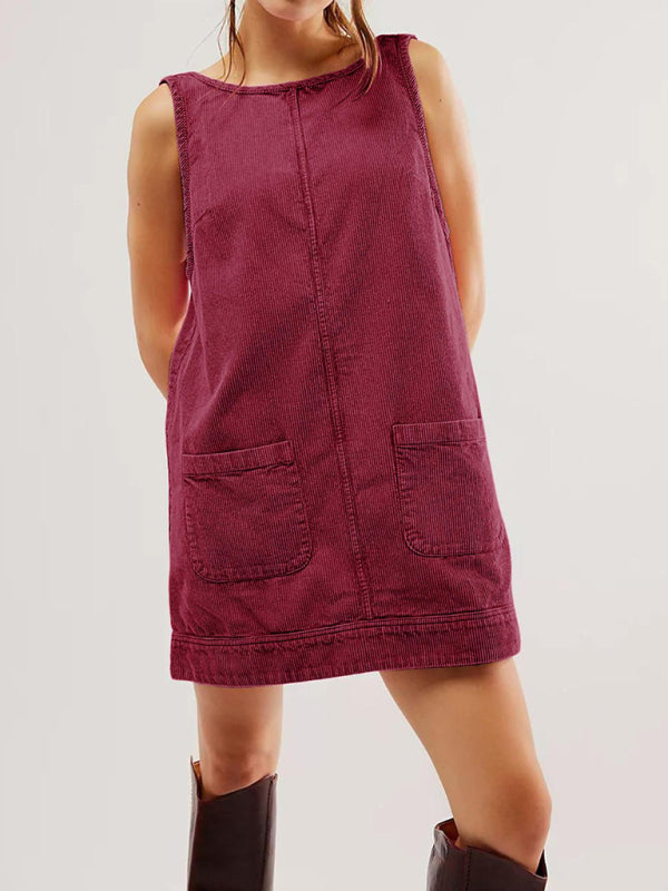 Burgundy corduroy sleeveless vest vintage dress