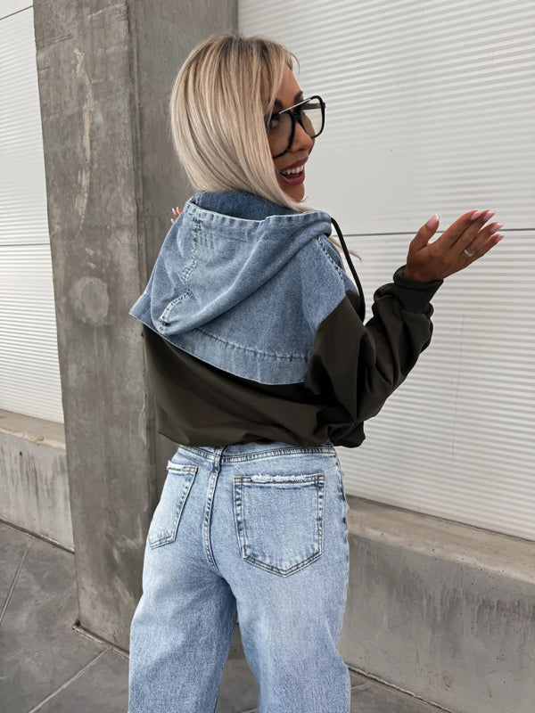 Back view of denim hooded sweatshirt with black sleeves