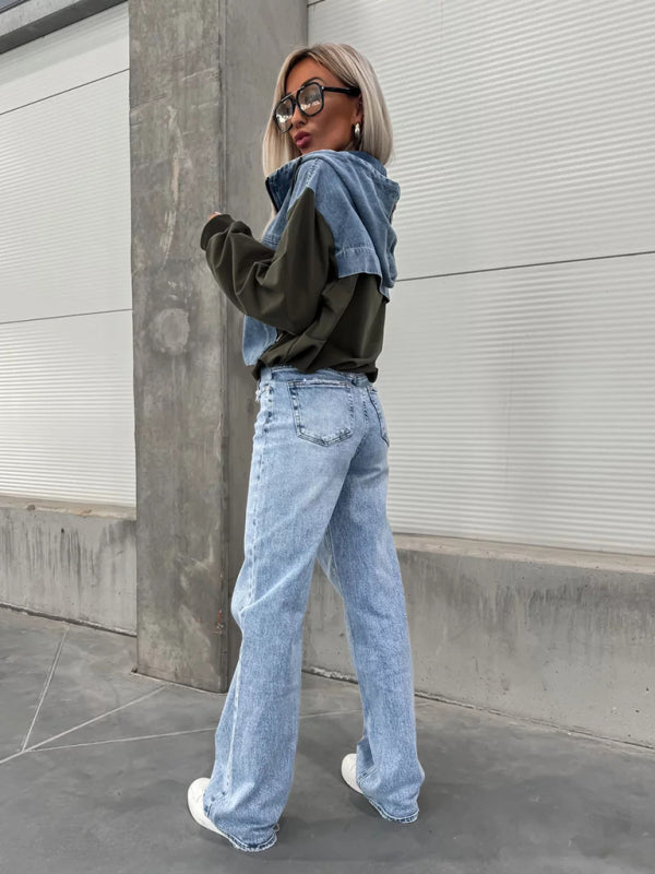 Back view of denim hooded sweatshirt with black sleeves