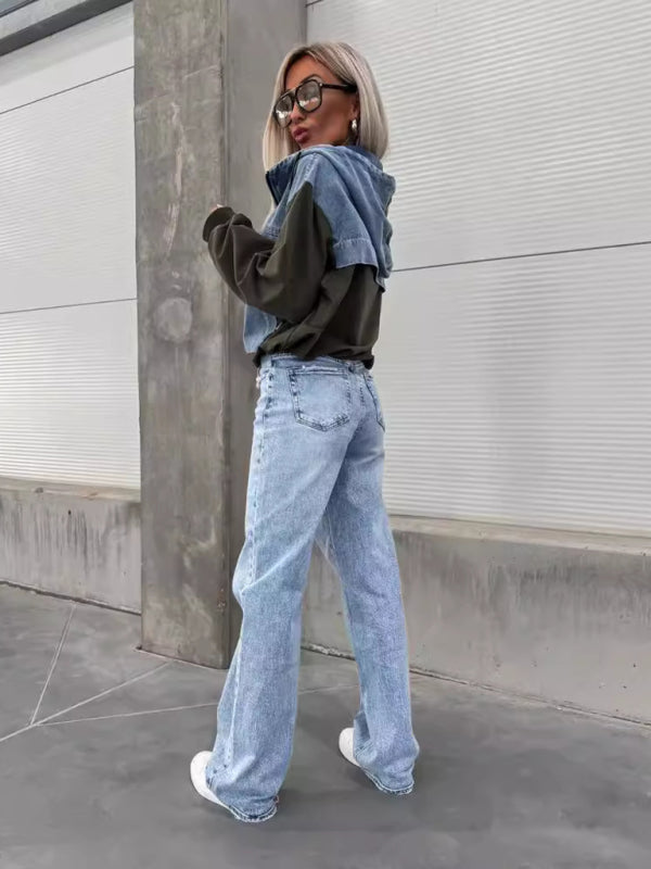 Back view of denim hooded sweatshirt with black sleeves