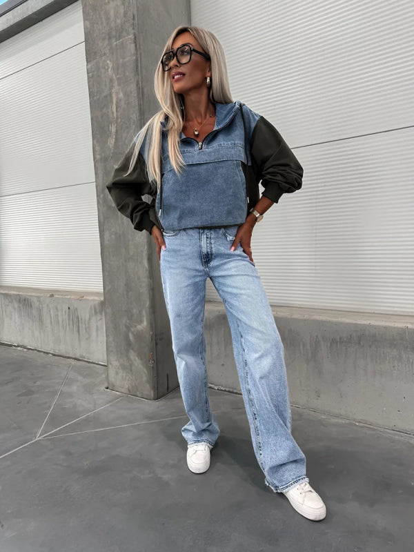 Front view of denim hooded sweatshirt with black sleeves
