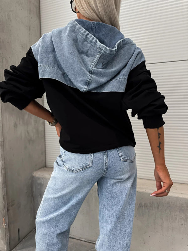 Back view of denim hooded sweatshirt with black sleeves
