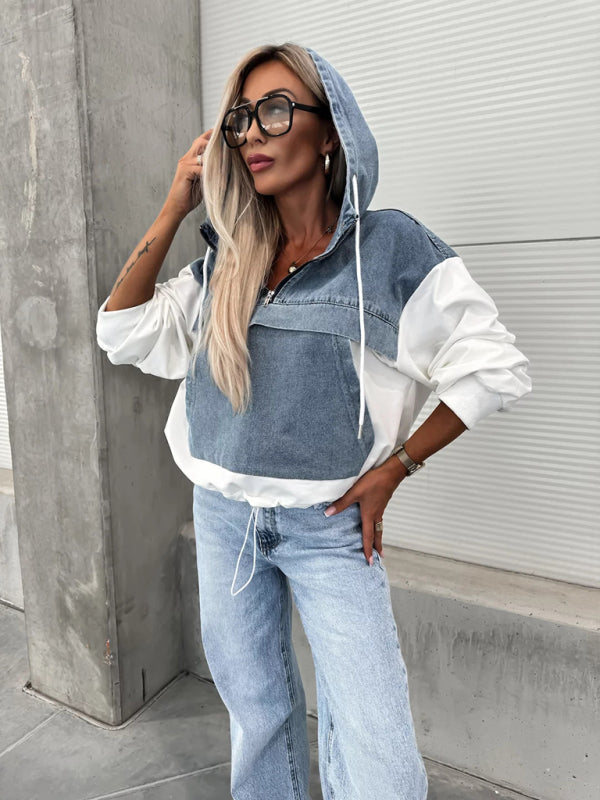 Front view of denim hooded sweatshirt with white sleeves