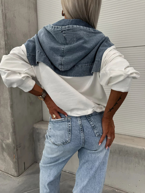 Back view of denim hooded sweatshirt with white sleeves