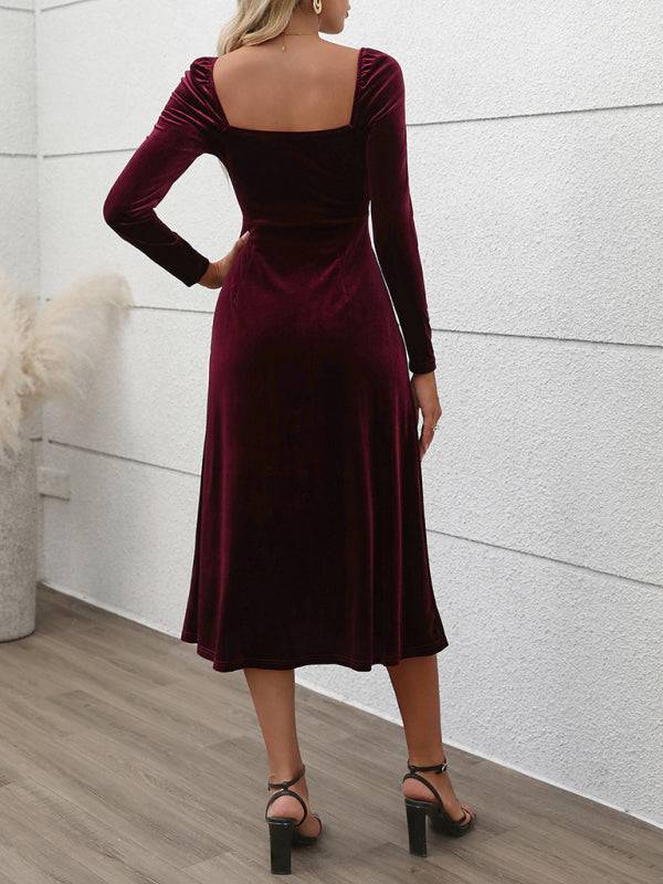 Back view of burgundy velvet maxi dress with long sleeves