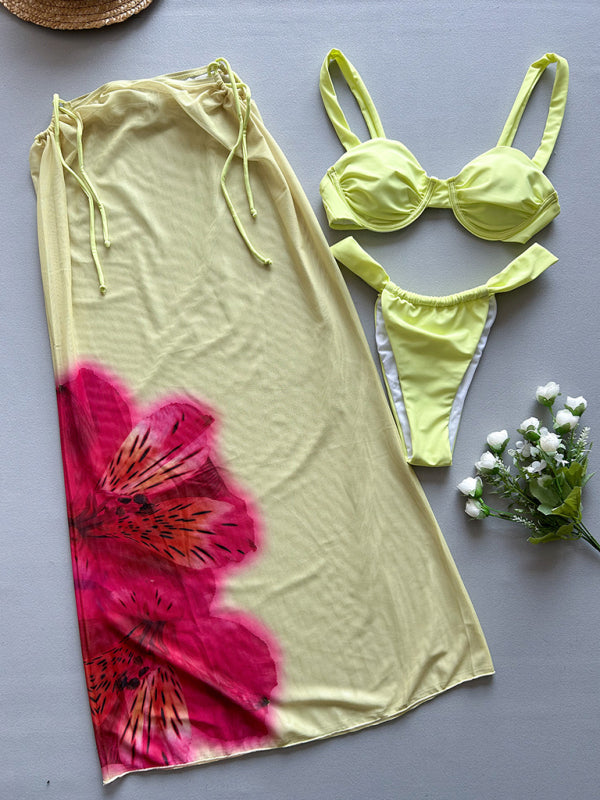 Solid color sexy bikini three piece set