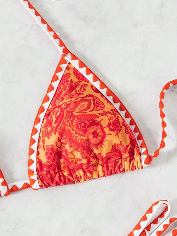 Orange Printed Halter Neck Sexy Bikini