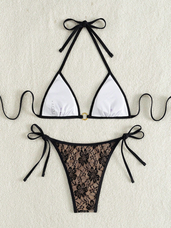 Black lace halter top with floral pattern and nude bikini