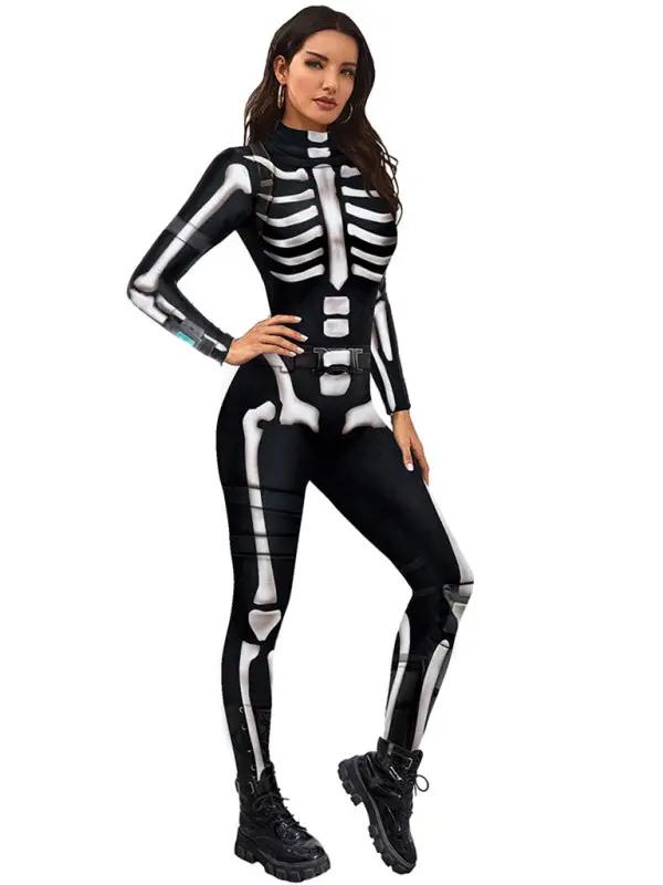 Side view of Halloween skull skeleton jumpsuit