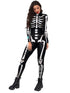 Front view of Halloween skull skeleton jumpsuit
