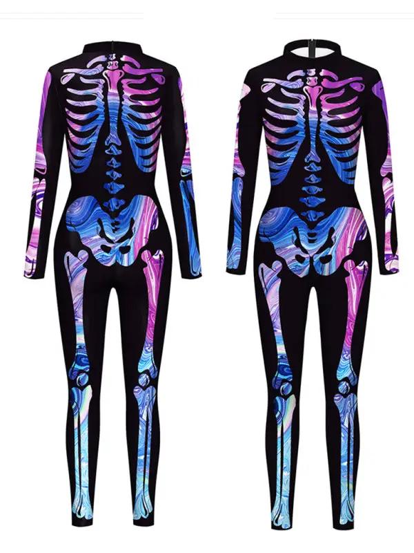 Two colorful skeleton print cosplay suits, front view