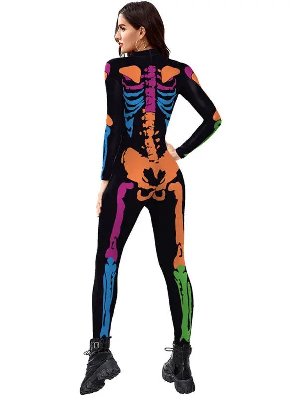 Colorful skeleton print cosplay one piece, back view