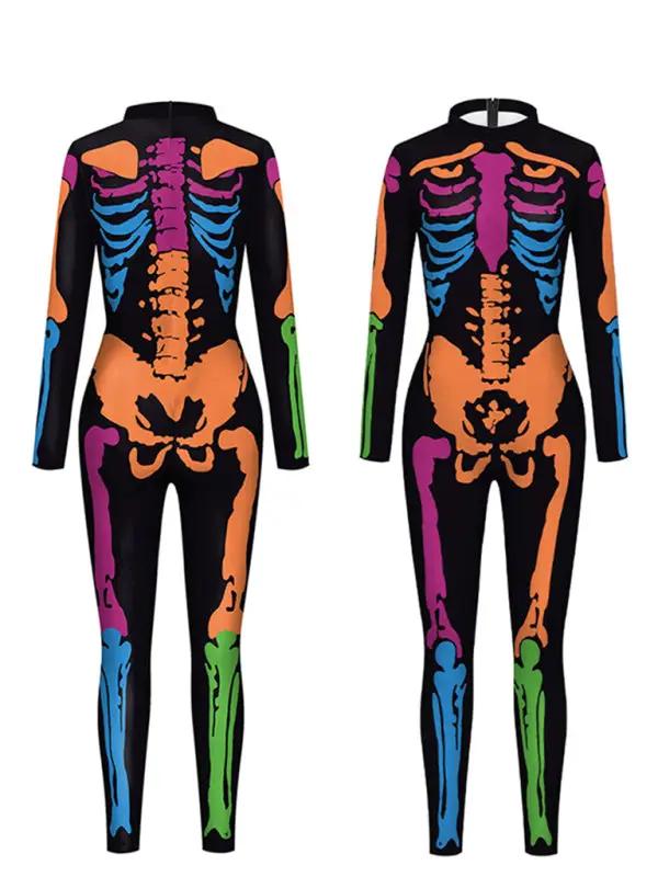 Two colorful skeleton print cosplay suits, back view