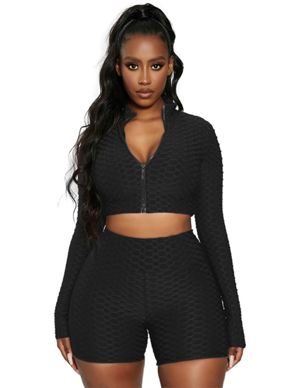 Black textured athleisure set with long sleeves and shorts