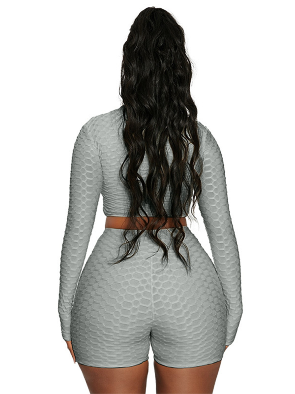 Back view of gray textured athleisure set with long sleeves